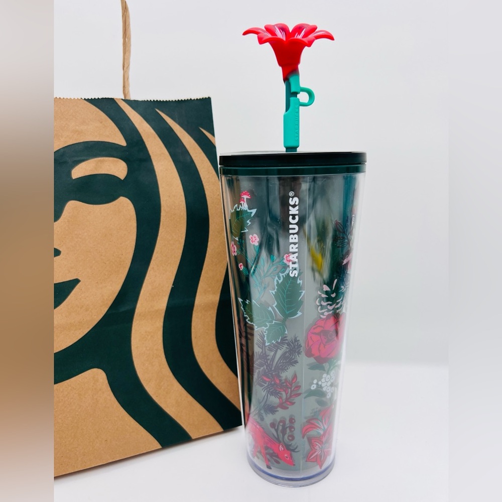 Starbucks Holiday Tumbler Cup With Silicone Flower Topper 24oz NWT